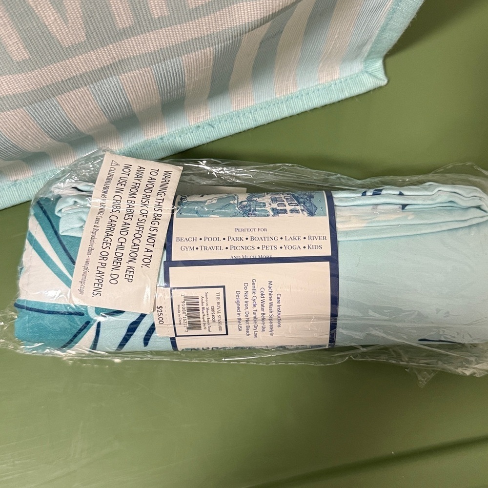 NWT The Royal Standard Joie De Vivre Jute Tote & Beach Towel. Aqua Blue/White. - Picture 8 of 8